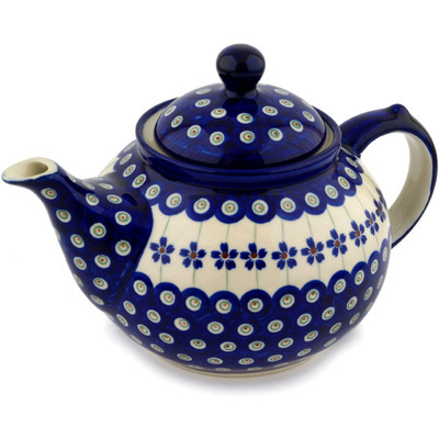 Polish Pottery Tea or Coffee Pot 6 Cup Flowering Peacock