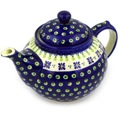 Polish Pottery Tea or Coffee Pot 6 Cup Green Gingham Peacock
