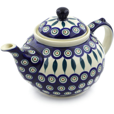 Polish Pottery Tea or Coffee Pot 6 Cup Peacock Leaves