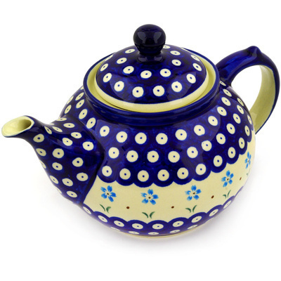 Polish Pottery Tea or Coffee Pot 6 Cup Sky Blue Daisy
