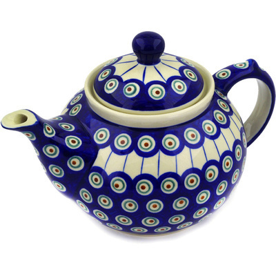 Polish Pottery Tea or Coffee Pot 6 Cup Traditional Peacock