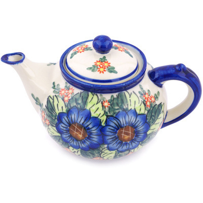 Polish Pottery Tea or Coffee Pot 6 cups Blue Bouquet UNIKAT