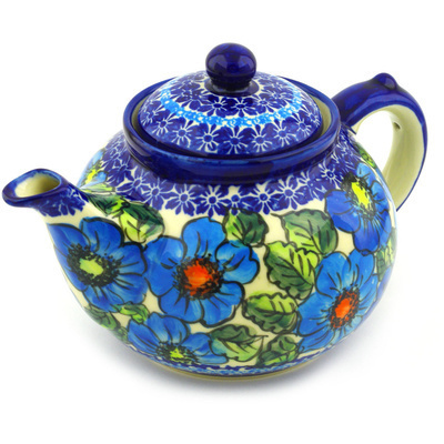 Polish Pottery Tea or Coffee Pot 6 cups Bold Blue Poppies UNIKAT