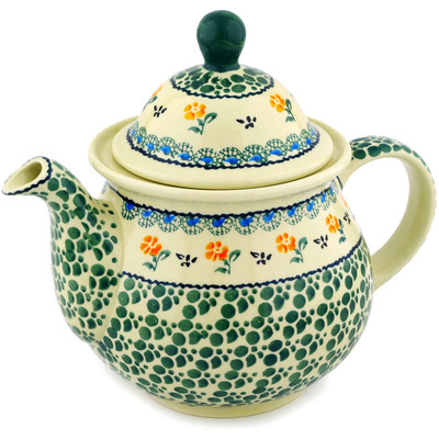 Polish Pottery Tea or Coffee Pot 6 cups Green Bubbles