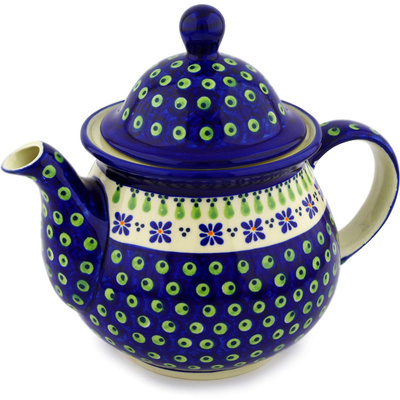 Polish Pottery Tea or Coffee Pot 6 cups Green Gingham Peacock