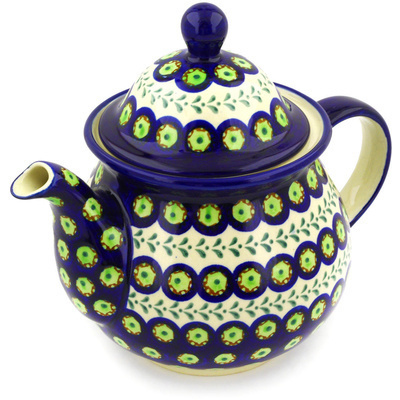 Polish Pottery Tea or Coffee Pot 6 cups Green Laurel Peacock