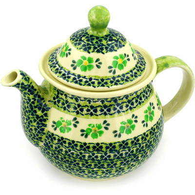 Polish Pottery Tea or Coffee Pot 6 cups Lime Flowers