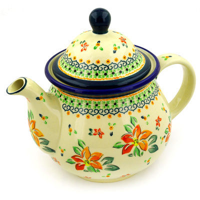Polish Pottery Tea or Coffee Pot 6 cups Orange Clematis