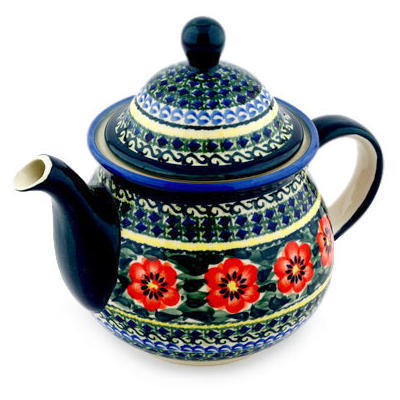 Polish Pottery Tea or Coffee Pot 6 cups Poppies All Around UNIKAT