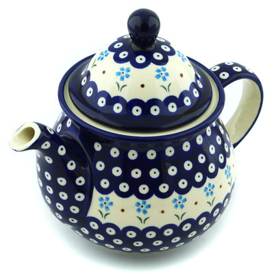 Polish Pottery Tea or Coffee Pot 6 cups Sky Blue Daisy