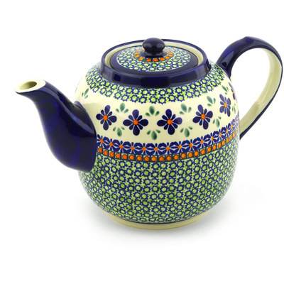 Polish Pottery Tea or Coffee Pot 60 oz Gingham Flowers