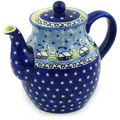 Polish Pottery Tea or Coffee Pot 61 oz Village Stars UNIKAT