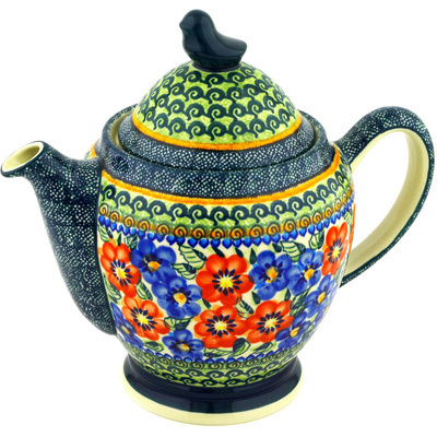 Polish Pottery Tea or Coffee Pot 62 oz Blue And Red Poppies UNIKAT