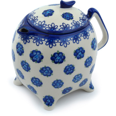 Polish Pottery Tea or Coffee Pot 62 oz Blue Flower Halo UNIKAT