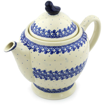 Polish Pottery Tea or Coffee Pot 62 oz Blue Lace Vines