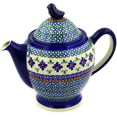 Polish Pottery Tea or Coffee Pot 62 oz Gingham Flowers