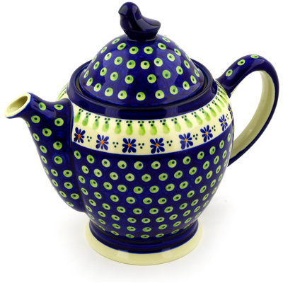 Polish Pottery Tea or Coffee Pot 62 oz Green Gingham Peacock