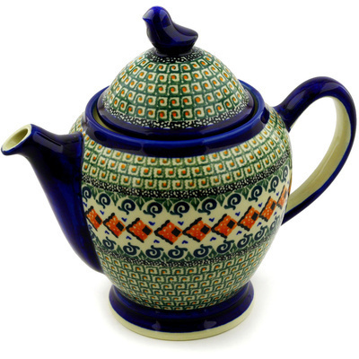 Polish Pottery Tea or Coffee Pot 62 oz Green Mosaic UNIKAT