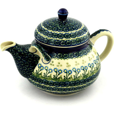 Polish Pottery Tea or Coffee Pot 68 oz Blue Daisy Circle
