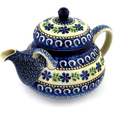 Polish Pottery Tea or Coffee Pot 68 oz Blue Daisy Swirls