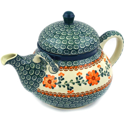 Polish Pottery Tea or Coffee Pot 68 oz Orange Poppies