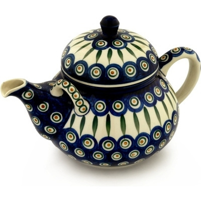 Polish Pottery Tea or Coffee Pot 68 oz Peacock Leaves