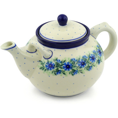 Polish Pottery Tea or Coffee Pot 7 cups Blue Bell Wreath