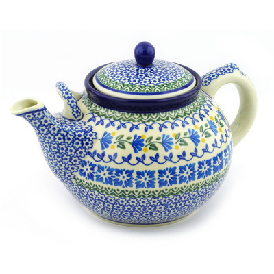 Polish Pottery Tea or Coffee Pot 7 cups Blue Fan Flowers