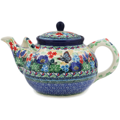 Polish Pottery Tea or Coffee Pot 7 cups Blue Monarch Meadow UNIKAT