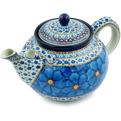 Polish Pottery Tea or Coffee Pot 7 cups Blue Poppies UNIKAT