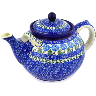 Polish Pottery Tea or Coffee Pot 7 cups Blue Rosette Wreath