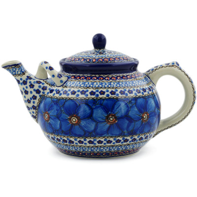 Polish Pottery Tea or Coffee Pot 7 cups Cobalt Poppies UNIKAT