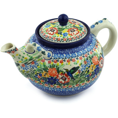Polish Pottery Tea or Coffee Pot 7 cups Hummingbird Meadow UNIKAT