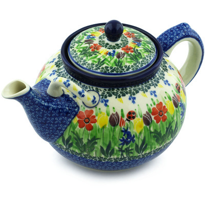 Polish Pottery Tea or Coffee Pot 7 cups Lady Bug Tulips UNIKAT