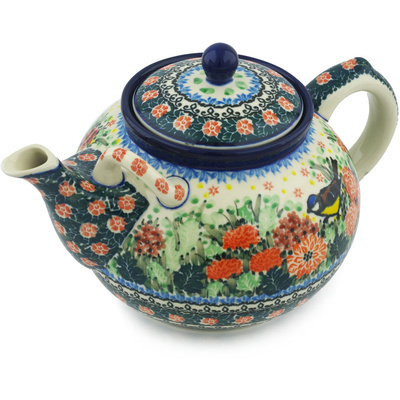 Polish Pottery Tea or Coffee Pot 7 cups Robbin&#039;s Meadow UNIKAT