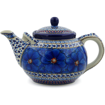 Polish Pottery Tea or Coffee Pot 84 oz Cobalt Poppies UNIKAT