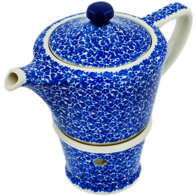 Polish Pottery Tea or Coffee Pot with Heater 14 oz Blue Bounty