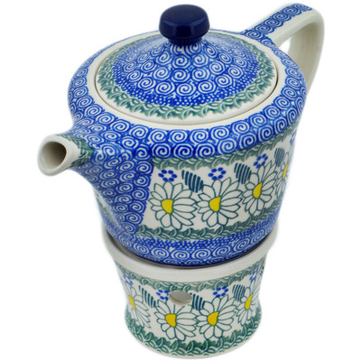 Polish Pottery Tea or Coffee Pot with Heater 14 oz Crazy Daisy