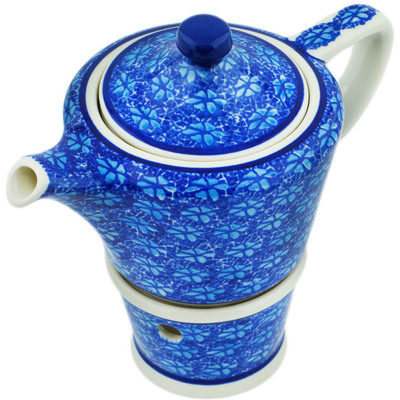 Polish Pottery Tea or Coffee Pot with Heater 14 oz Deep Into The Blue Sea