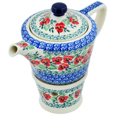Polish Pottery Tea or Coffee Pot with Heater 14 oz Red Pansy