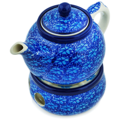 Polish Pottery Tea or Coffee Pot with Heater 15 oz Deep Into The Blue Sea