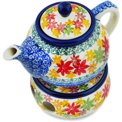 Polish Pottery Tea or Coffee Pot with Heater 15 oz Fall Vibes
