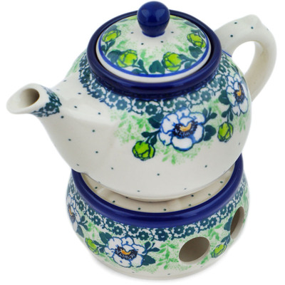 Polish Pottery Tea or Coffee Pot with Heater 15 oz Green Flora