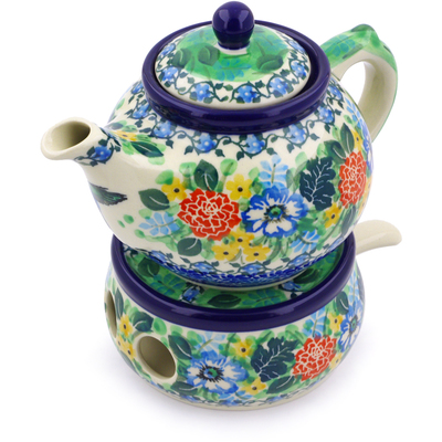 Polish Pottery Tea or Coffee Pot with Heater 15 oz Hummingbird Meadow UNIKAT