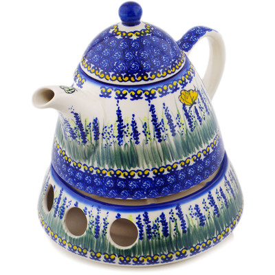 Polish Pottery Tea or Coffee Pot with Heater 39 oz Garden Whispers UNIKAT