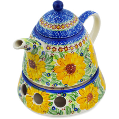 Polish Pottery Tea or Coffee Pot with Heater 39 oz Yellow Petal Bliss UNIKAT