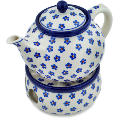 Polish Pottery Tea or Coffee Pot with Heater 40 oz Daisy Dots