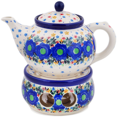 Polish Pottery Tea or Coffee Pot with Heater 40 oz Fascinating Flora UNIKAT