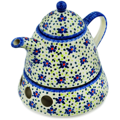 Polish Pottery Tea or Coffee Pot with Heater 40 oz Hope Flowes UNIKAT