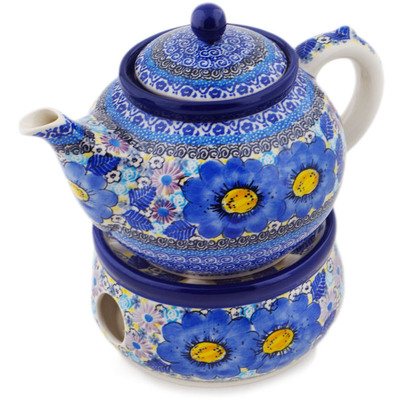Polish Pottery Tea or Coffee Pot with Heater 40 oz Joyful Meadow UNIKAT